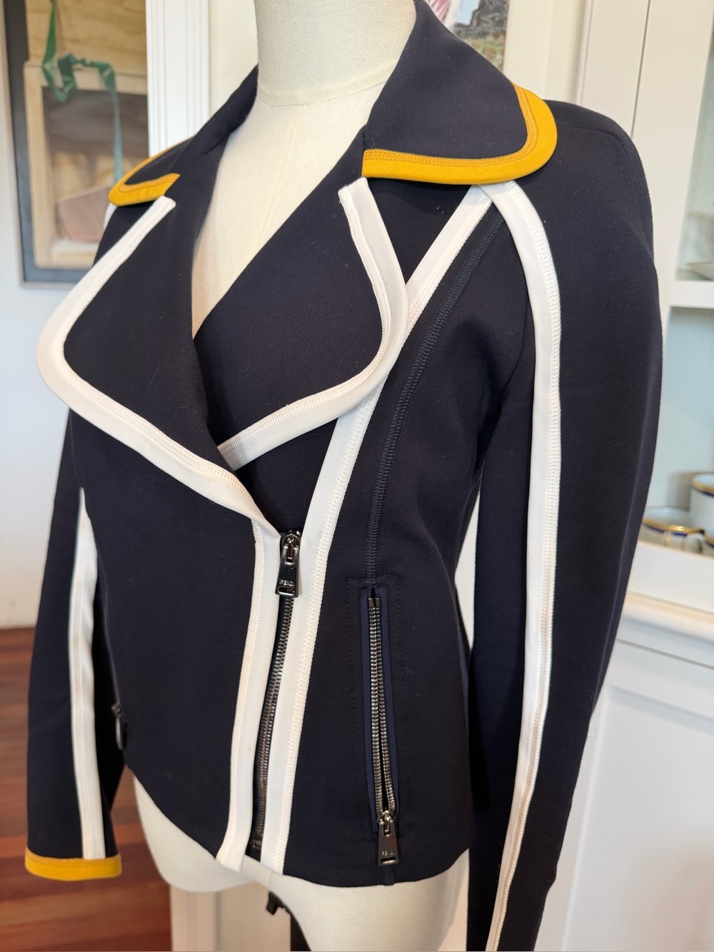 Fendi NWT Moto Jacket with White Piping and Yellow Trim - Picture 7 of 12